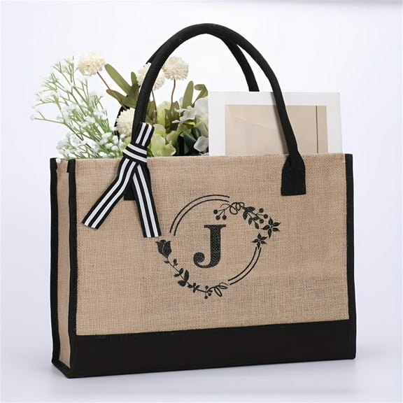 Women's Large Capacity Tote Bag, J Initial Printed Jute Linen Shopping Bag With Striped Ribbon, For Daily Shopping, Work, Travel, Gift Giving