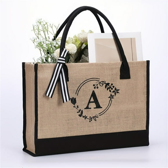 Women's Large Capacity Tote Bag, Jute Linen Shopping Bag With Initial A Print, For Daily Shopping, Work, Travel, Beach