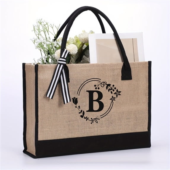 Women's Large Capacity Tote Bag, Jute Linen Shopping Bag With Initial B Print, For Daily Use, Shopping, Travel, Work