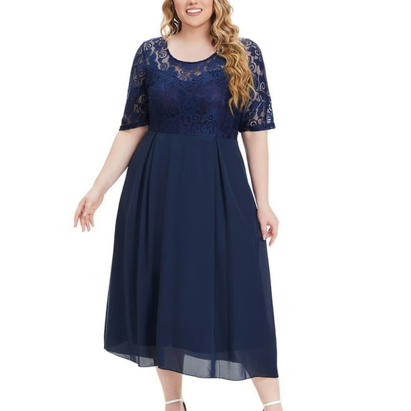 Women's Large Casual Short Sleeve Round Neck Lace Dress Comfortable Breathable Polyester Spring Summer Daily Wear Printed Half Sleeve Bridesmaid Outfit