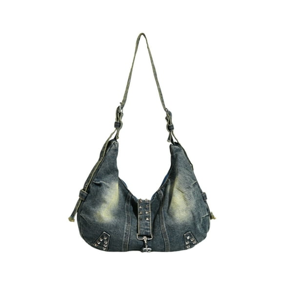 Women's Large Denim Tote Bag, Soft Hobo Purse Crossbody Shoulder Bag with Zipper, Retro Y2K Adjustable Strap（Blue）