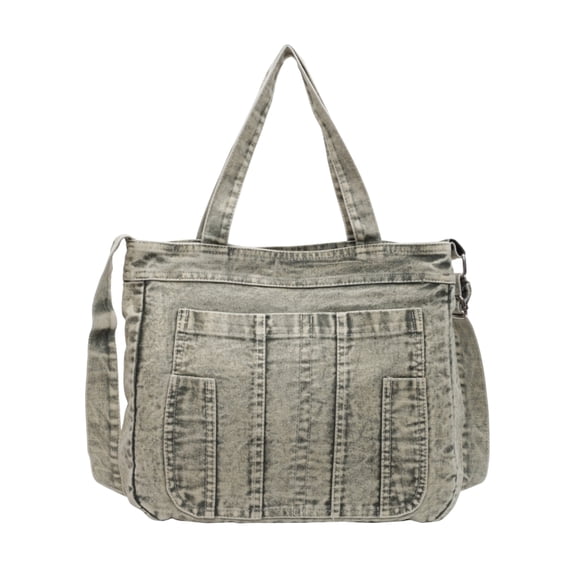 Women's Large Denim Tote Bag with Multiple Pockets, Zippered Canvas Shoulder Purse for Work & Travel