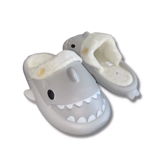 Women's Large, Gray Shark Slides with Fur Lining - Cozy Plush, Cute Slip-On Slippers xmas