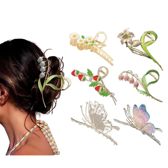 Womens Large Hair Claw Clips 6 Pack, Metal Butterfly & Flower Design Clips for Thick Hair Styling