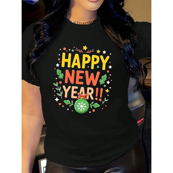 Women's Large Happy New Year T-Shirt - Colorful Ornament & Snowflake Print With Confetti & Snowflakes, Soft Stretchy Fabric, Round Neck Casual Everyday & Holiday Party