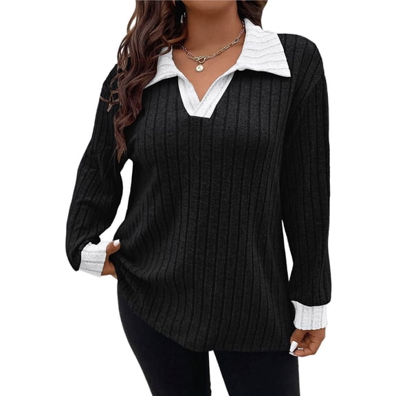 Women's Large Size Casual Knitted Sweater Lapel V-Neck Solid Color Top Long Sleeve Shirt Black & White XXXL
