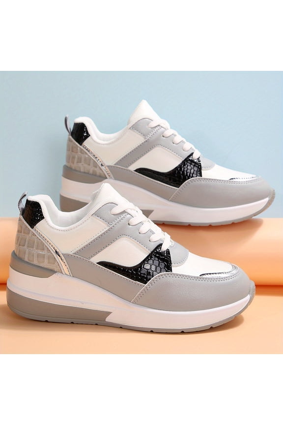 Women's Large Size Color Block Sneakers with Wedge Thick Platform Sole - Breathable Mid-Top Casual Sports Shoes Suitable for - Wear, Gym, & Everyday - Women Shoes
