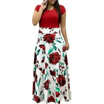 Women's Large Size Dress Rose Print Round Neck Short Sleeve Casual Fashion Dress