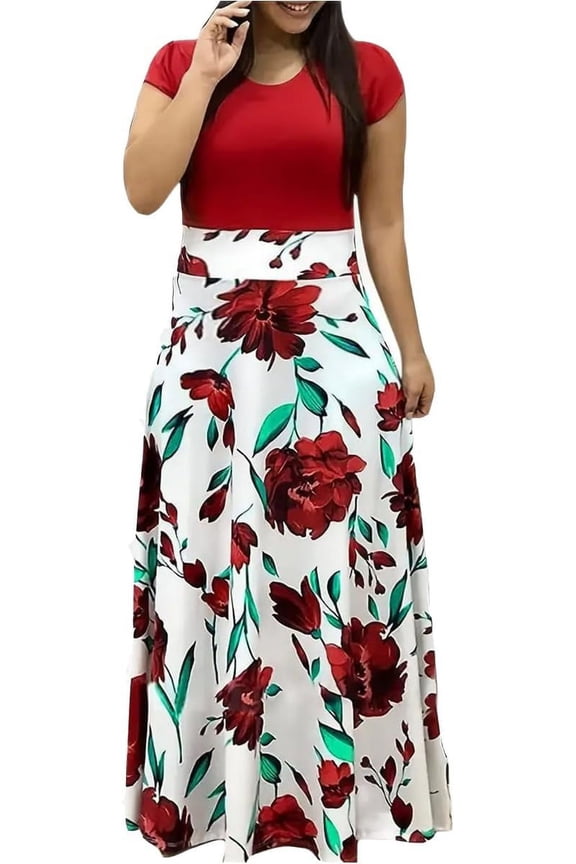 Women's Large Size Dress Rose Print Round Neck Short Sleeve Casual Fashion Dress