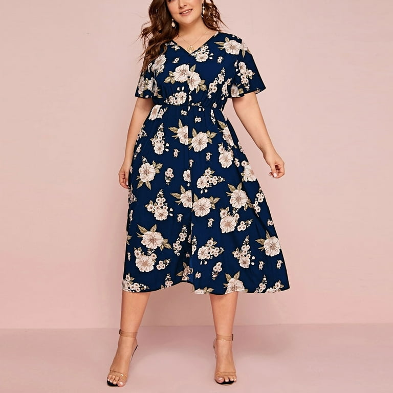 Women s Large Size Floral Print V Neck Short Sleeved Dress European and American style Loose fit Mid length Chiffon Skirt Walmart