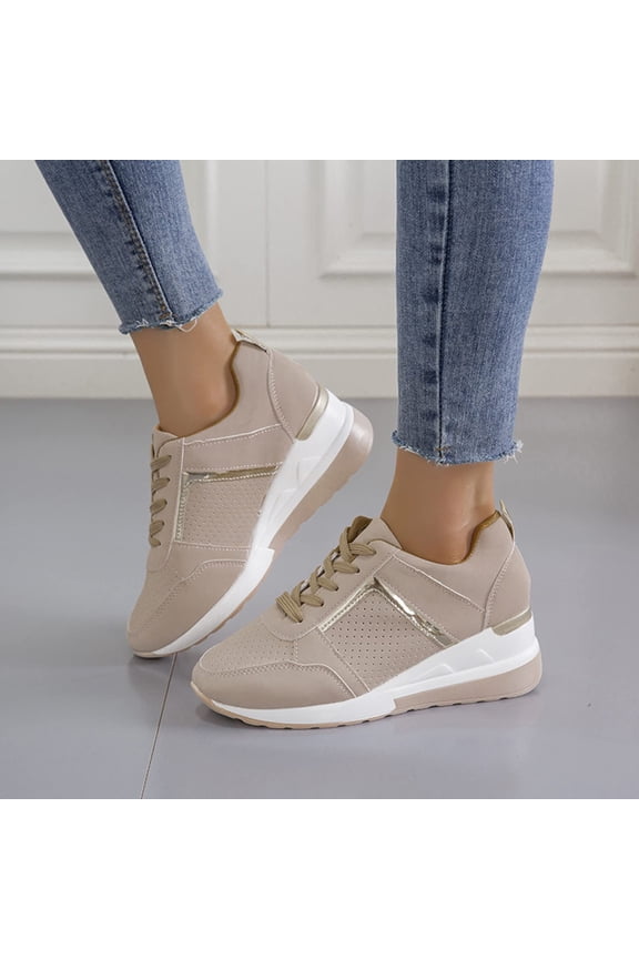 Women's Large Size Platform Sneakers with Front Lace-Up Casual Sporty Heeled Trainers for Comfort & Style,Beige Size 40