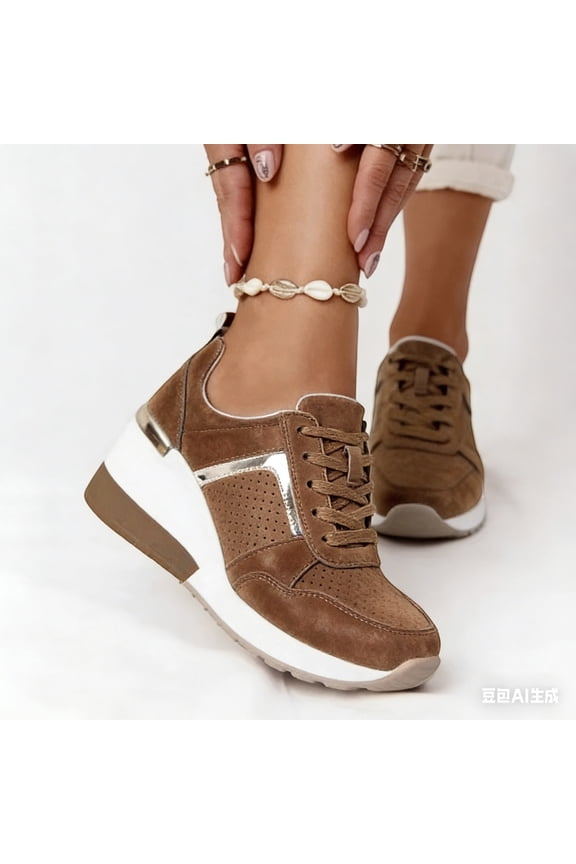Women's Large Size Platform Sneakers with Front Lace-Up Casual Sporty Heeled Trainers for Comfort & Style,Brown Size 39