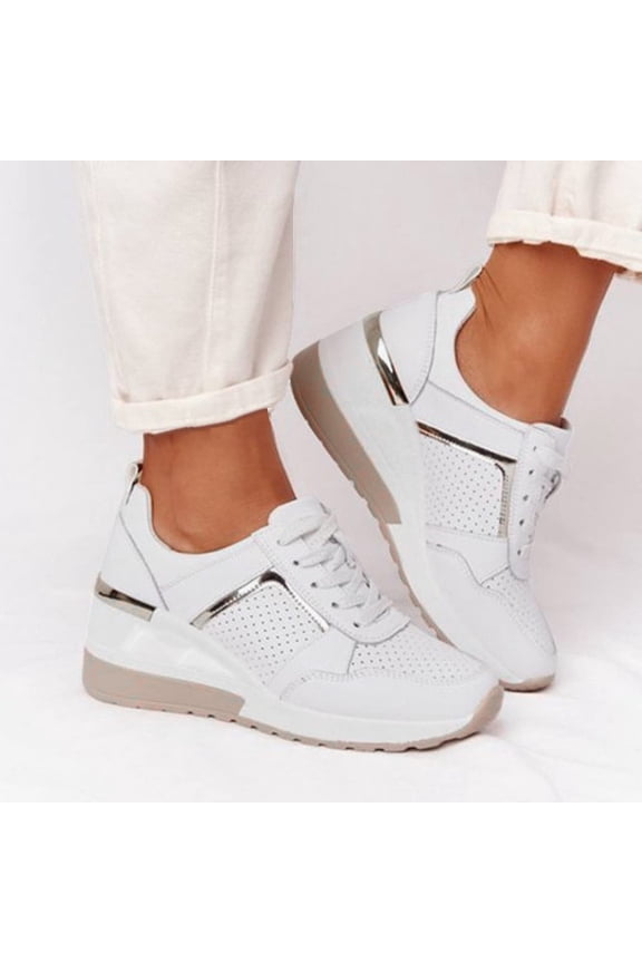 Women's Large Size Platform Sneakers with Front Lace-Up Casual Sporty Heeled Trainers for Comfort & Style，White Size 36