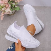 Womens Large Size Rhinestone Sneakers - Slip- Low-Top Casual Sports Shoes with Rhinestone-Accented Collar, Round Toe Comfortable for Spring/Autumn Wear