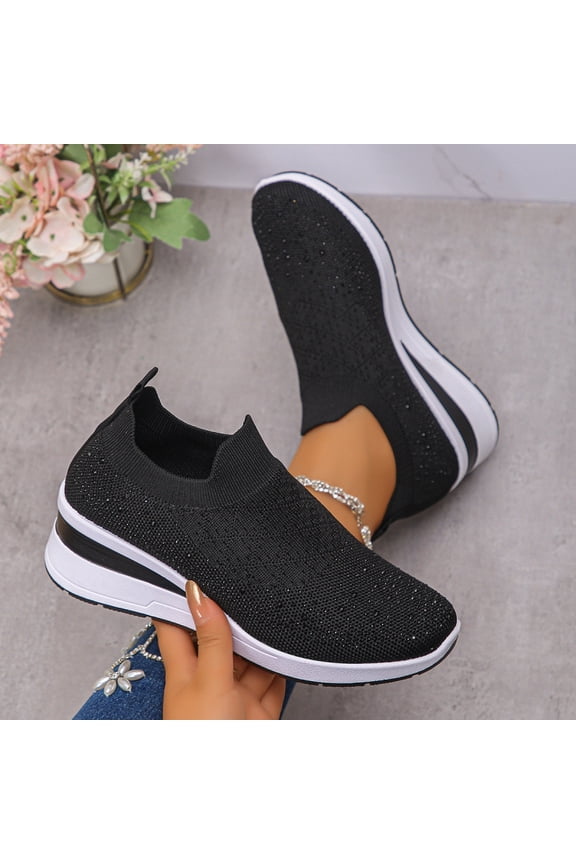 Women's Large Size Rhinestone Sneakers - Slip- Low-Top Casual Sports Shoes with Rhinestone-Accented Collar, - Round Toe Comfortable for Spring/Autumn Wear