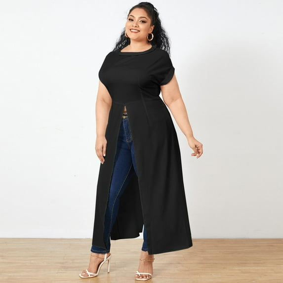 Women's Large Size Short Sleeve Side Split Tops Blouse Solid Color Swallowtail Tops FZH