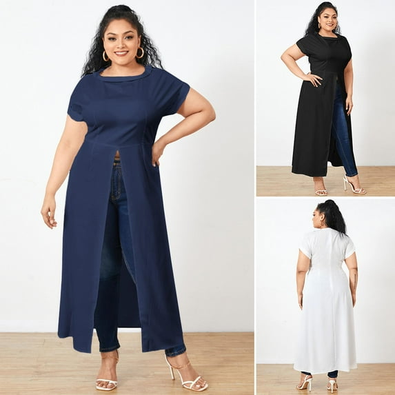 Women's Large Size Short Sleeve Side Split Tops Blouse Solid Color Swallowtail Tops FZH