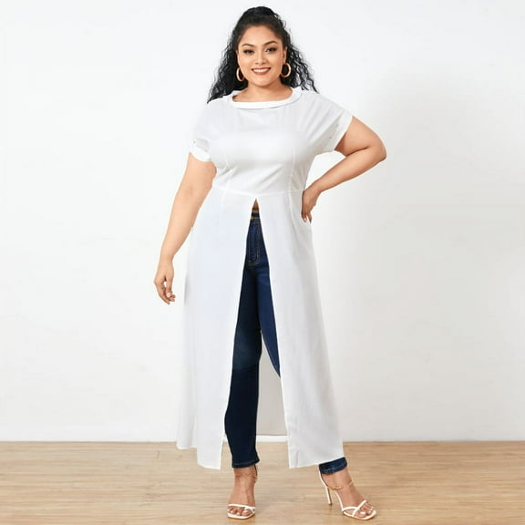 Women's Large Size Short Sleeve Side Split Tops Blouse Solid Color Swallowtail Tops FZH