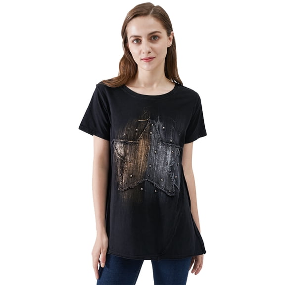 Women's Large Star With Studs Round Neck Short Sleeves Graphic Tee