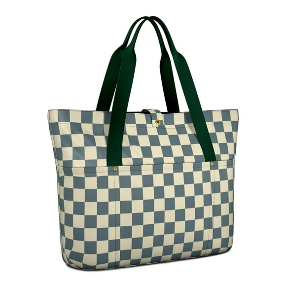 Women's Large Tote Bag with Zipper - 20L Checkered Travel Beach Weekender Duffle Bag Foldable Teacher Nurse Handbag for Work, Gym Shoulder Bag - Fits 15.6" Laptop, Folds Into Pouch