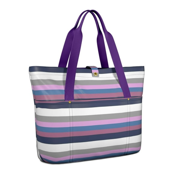 Women's Large Tote Bag with Zipper - 20L Purple Stripes Travel Beach Weekender Duffle Bag Foldable Teacher Nurse Handbag for Work, Gym Shoulder Bag - Fits 15.6" Laptop, Folds Into Pouch