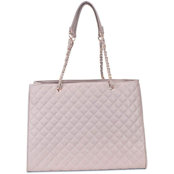 Women's Large Travel Tote Quilted Purse and Work Laptop Handbag - Rose Gold Hardware With Satin Interior - Light Pink