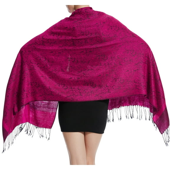 Women's Large Two Tones Vintage Paisley Jacquard Pashmina Shawl Wrap Scarf Hot Pink Black