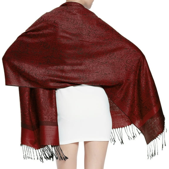 Women's Large Two Tones Vintage Paisley Jacquard Pashmina Shawl Wrap Scarf Wine Black