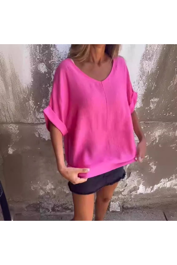 Women's Large V Neck Loose Eighths Sleeve Pullover Technical Shirts Women Loose Fit Womens Top T Shirt Plain Short Sleeve Shirts for Women 2 Sleeve Women Tops Summer Large Womens Tee Shirt Loose