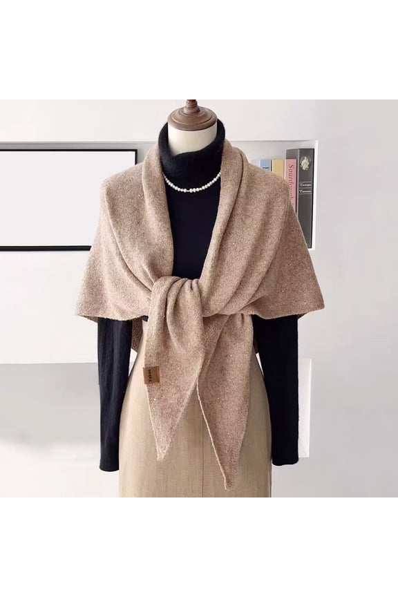 Women's Large Wool Blend Shawl with Sequins, Versatile Triangular Scarf Wrap for Autumn and Winter, Warm Knitted Vest Poncho for Neck Protection, Multi-Season Fashion Accessory - Beige