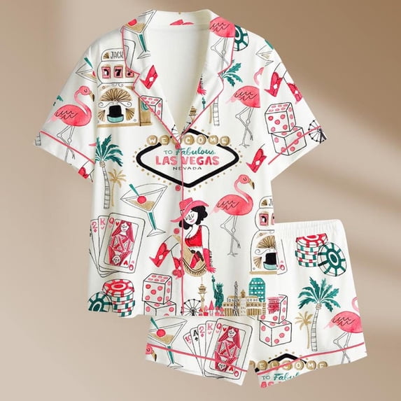 Women’s Las Vegas Print Satin Pajama Set, Casino Theme Sleepwear, Cute Lounge Pajamas Gift for Her