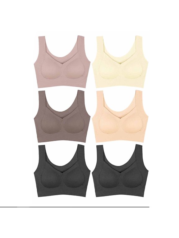 Women's Laser Cut Ribbed Front Full Cup Multicolor No-Wire Bralette Pack of 6 (L)