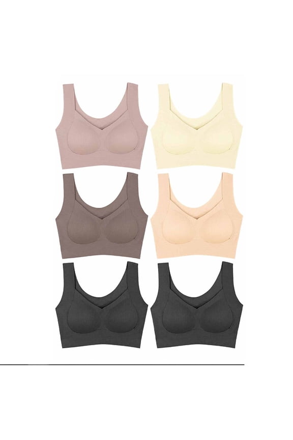 Women's Laser Cut Ribbed Front Full Cup Multicolor No-Wire Bralette Pack of 6 (L)