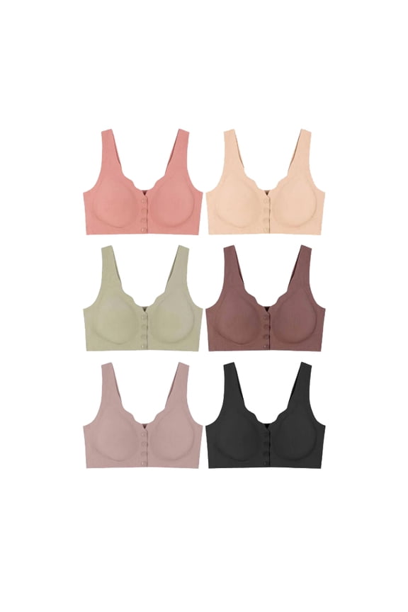 Women's Laser Cut Ribbed Front Snap Full Cup Multicolor Bra Set Pack of 6 (M)