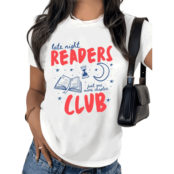 Women's Late Night Readers Club Graphic T-Shirt Moon And Sand Clock Print Just One More Chapter Short Sleeve Crewneck Bookworm Top Plus Size