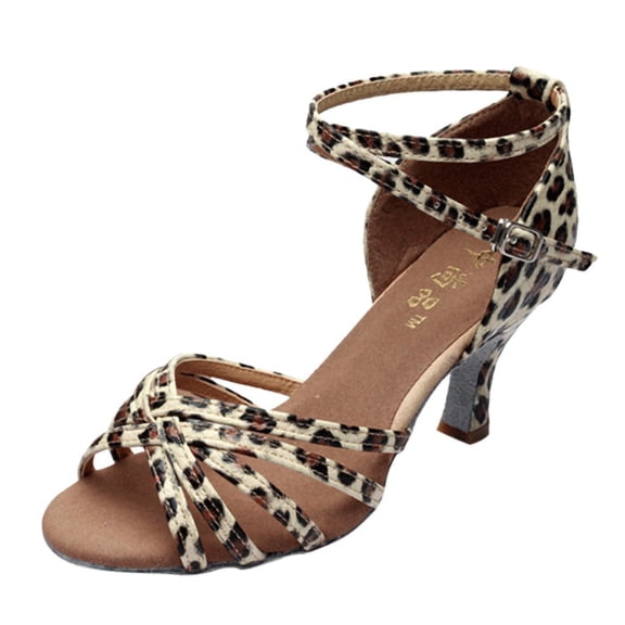 Women's Latin Dance Shoes, 3-Inch Heel T-Strap Sandals with Buckle Closure, Professional Ballroom Salsa Shoes for Performance Beige 35