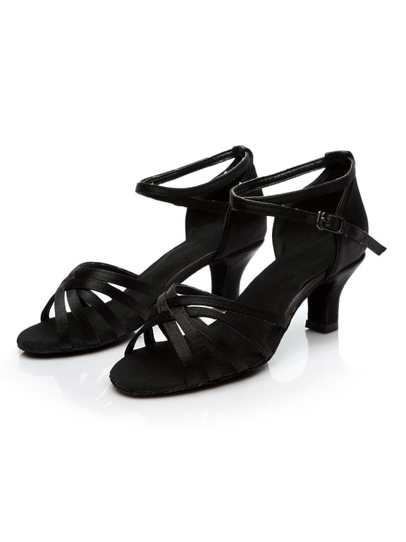 Women's Latin Dance Shoes, Satin Cross Strap Low Heel Sandals, Professional Salsa Ballroom Practice Footwear for Performance, Daily Black 35