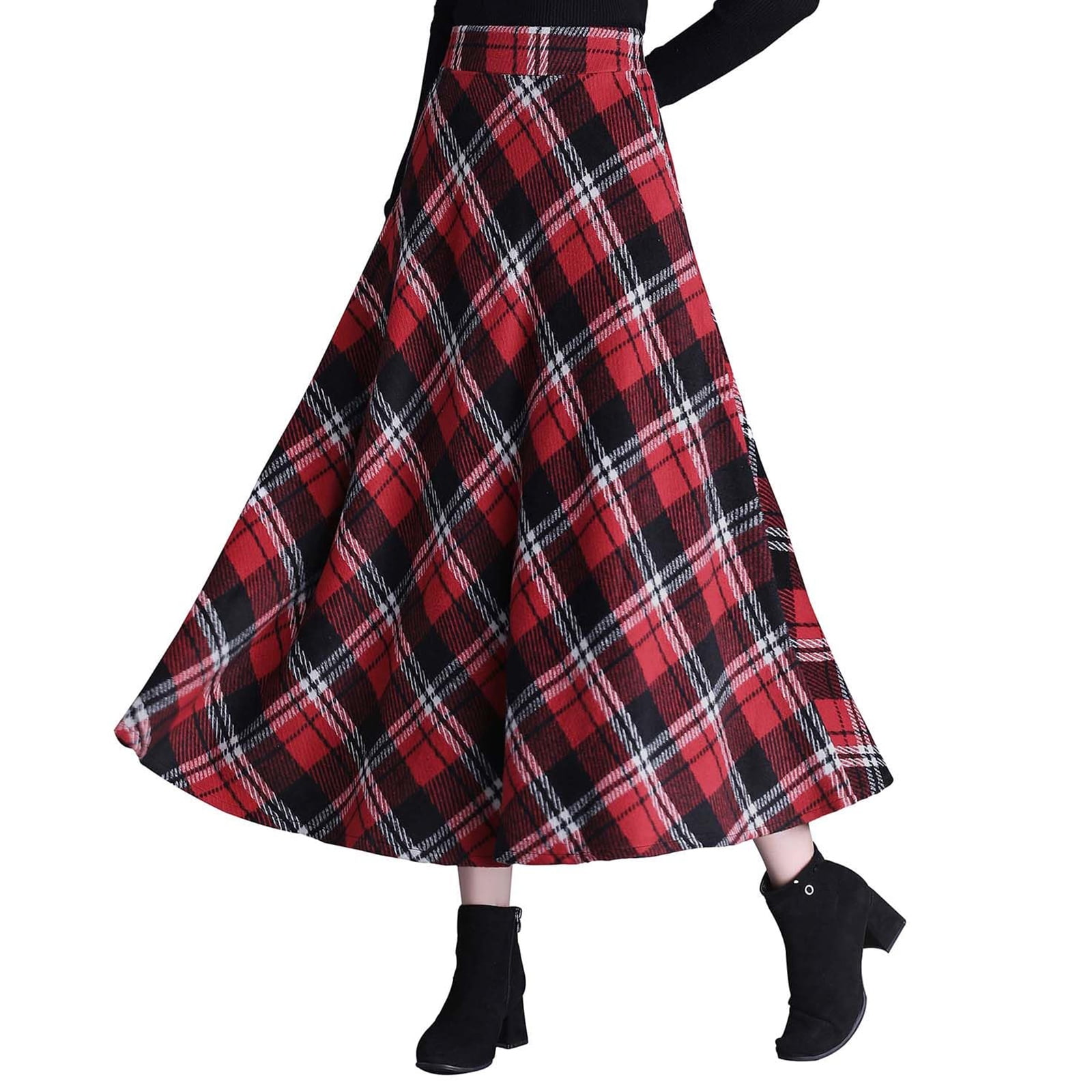 Women's Lattice Skirt Warm Elastic Waist Wool A-Line Pleated Tartan ...