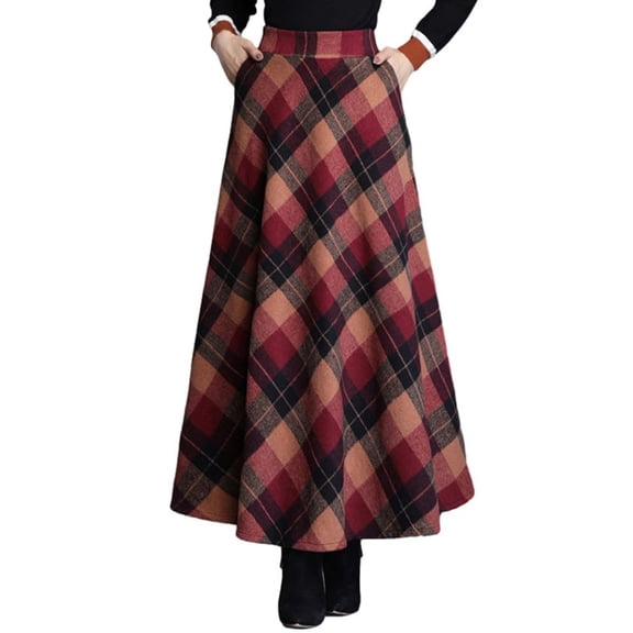Women's Lattice Skirt Warm Elastic Waist Wool A-Line Pleated Tartan Winter Long Skirts