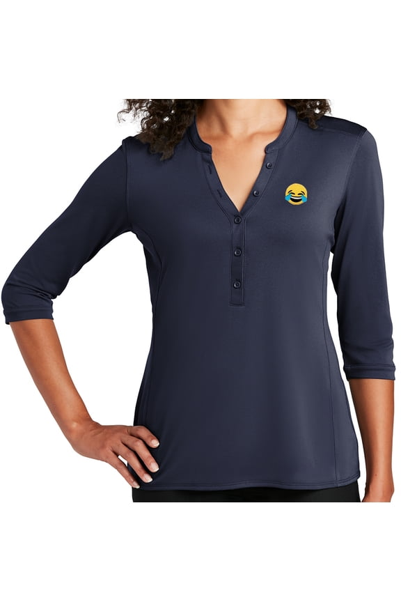 Women's Laughing Tears Emoji LMFAO 5-button 3/4 Sleeve Henley Shirt, 4XL True Navy