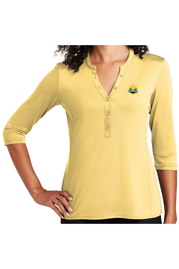 Women's Laughing Tears Emoji LMFAO 5-button 3/4 Sleeve Henley Shirt, XL Sunbeam Yellow