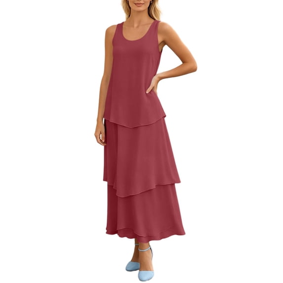 Women's Layered Chiffon Summer Swing Maxi Dress, Elegant Sleeveless Cocktail Party Wedding Guest Dresses