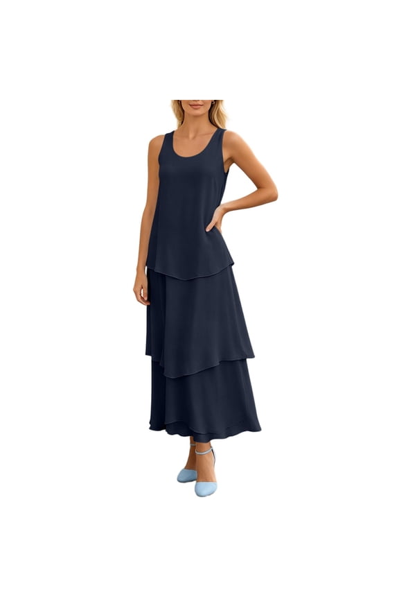 Women's Layered Chiffon Summer Swing Maxi Dress, Elegant Sleeveless Cocktail Party Wedding Guest Dresses