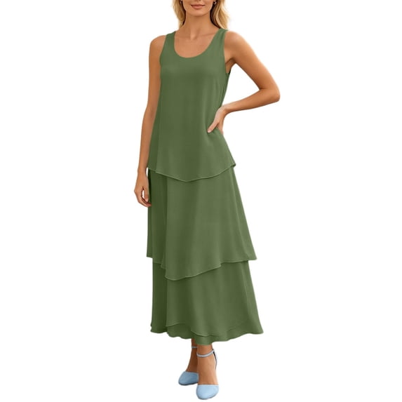 Women's Layered Chiffon Summer Swing Maxi Dress, Elegant Sleeveless Cocktail Party Wedding Guest Dresses