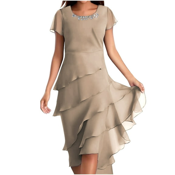 Women's Layered Chiffon Wedding Guests Dress Summer Elegant Short Sleeve Knee Length Flowy Dresses