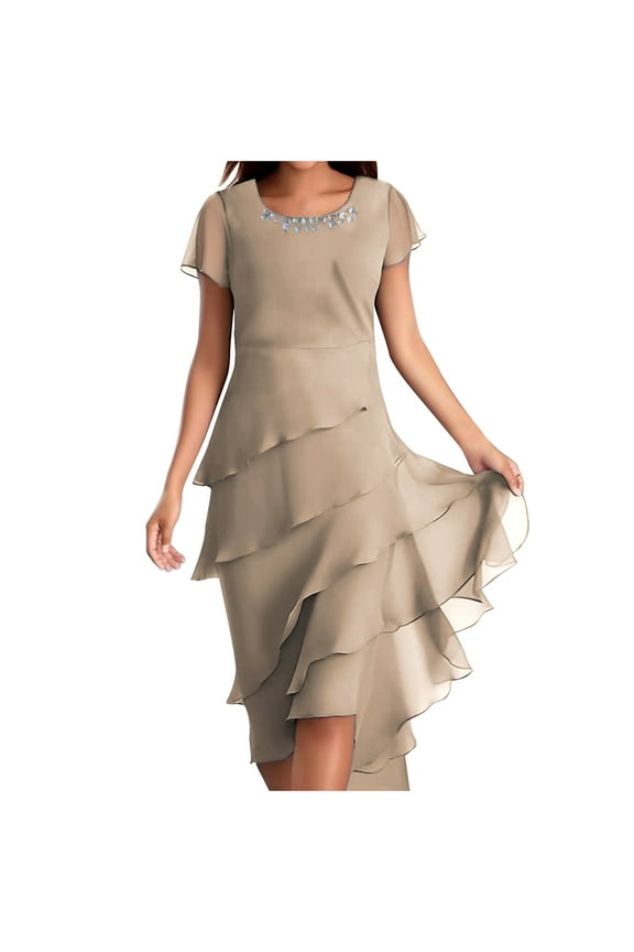 Women's Layered Chiffon Wedding Guests Dress Summer Elegant Short Sleeve Knee Length Flowy Cocktail Dresses