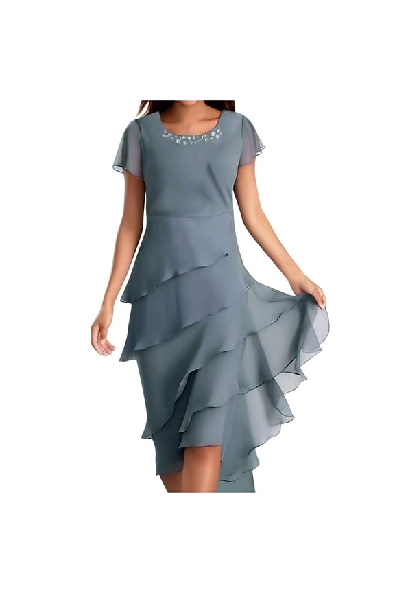 Women's Layered Chiffon Wedding Guests Dress Summer Elegant Short Sleeve Knee Length Flowy Cocktail Dresses