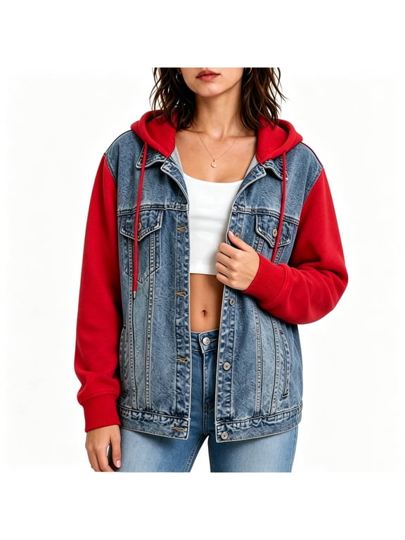 Women's Layered Drawstring Casual Hoodie Denim Jackets Jean Jacket Hooded Jacket with Pockets, Denim Patchwork Sweatshirt, Removable Hooded Sweatshirts, Long Sleeve Button Front Coats