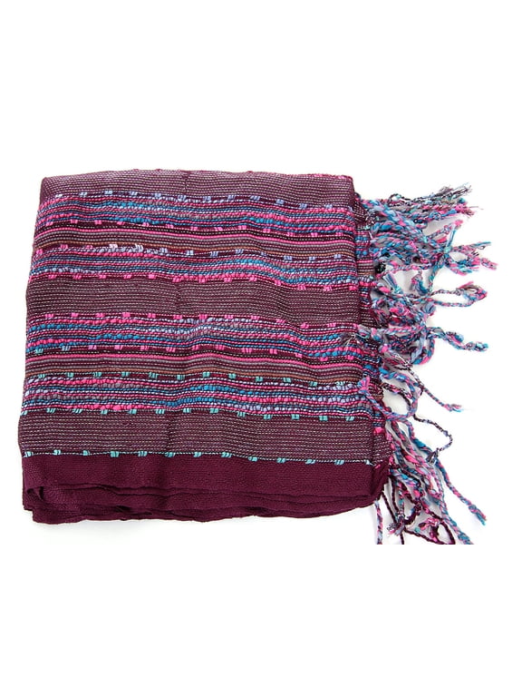 Women's Layered Knit Open Weave Scarf with Fringes Burgundy Scarf Wrap 72 x 20 inches