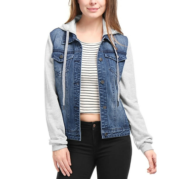 Women s Layered Long Sleeves Hooded Denim Jacket w Pockets Blue Size XS 2